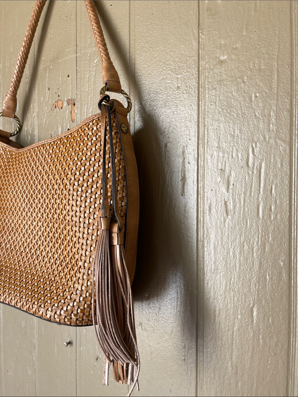 Patricia Nash Castelli Woven Leather Shoulder Bag in Tan with Tassel - Picture 3 of 13